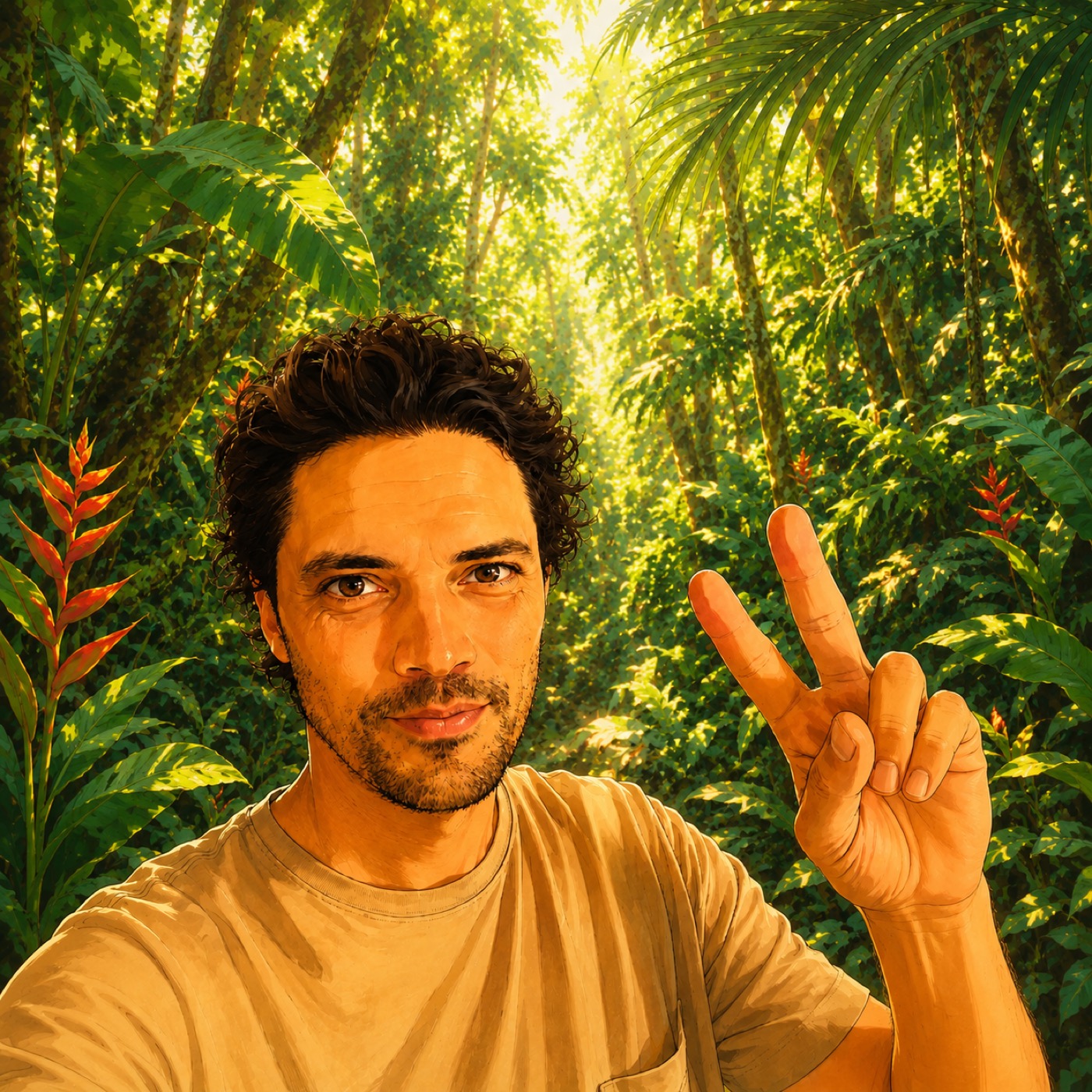 Illustrated portrait of Barry Sevig in a tropical forest