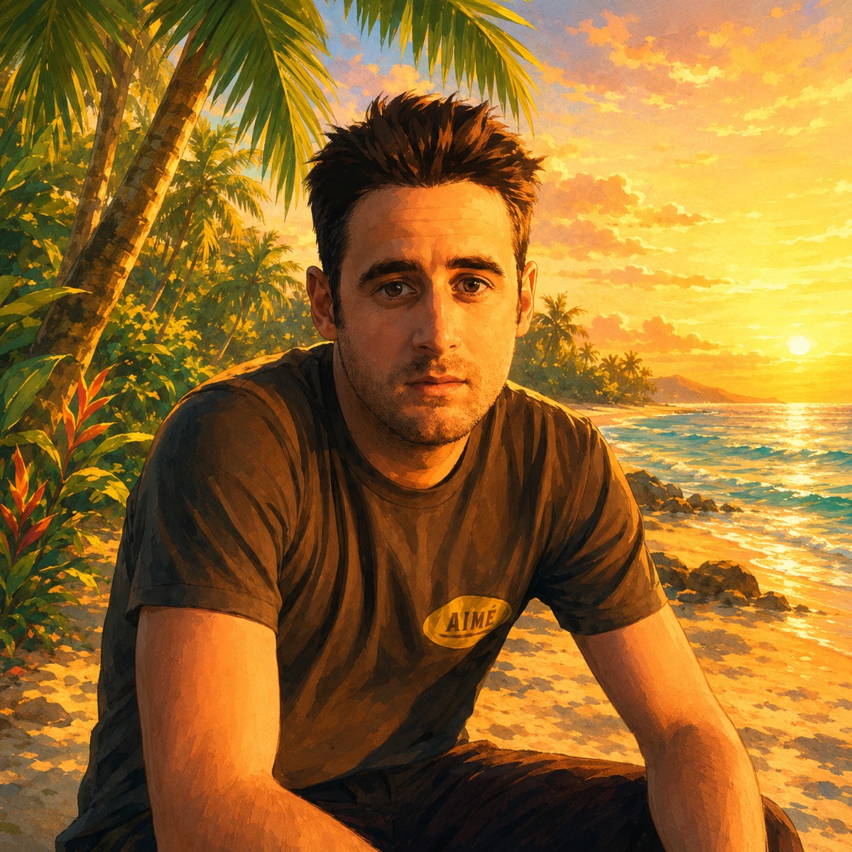 Illustrated portrait of Mathieu Lebrec on a tropical beach